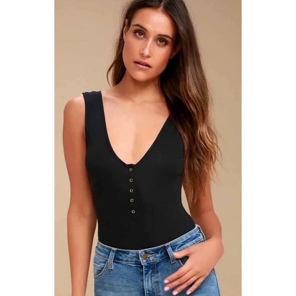 Vici Dolls Womens Large Black Ribbed Henley Snap Front Sleeveless Thong Bodysuit